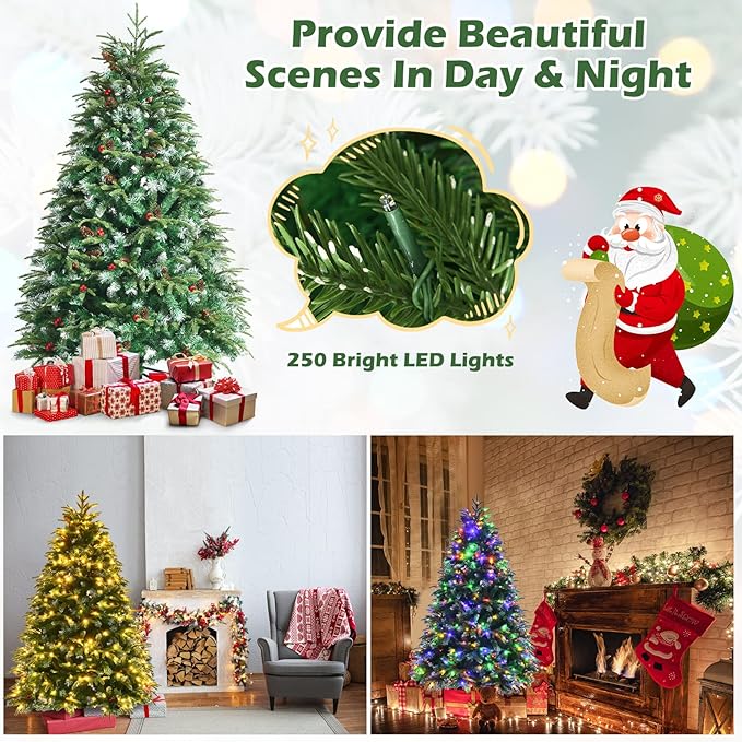 GOFLAME 5ft Pre-Lit Artificial Christmas Tree, Realistic Xmas Tree w/ 581 Branch Tips, 250 Multi-Color LED Lights, 28 Pinecones & Red Berries, Pine Tree w/ 11 Flash Modes for Holiday Decoration