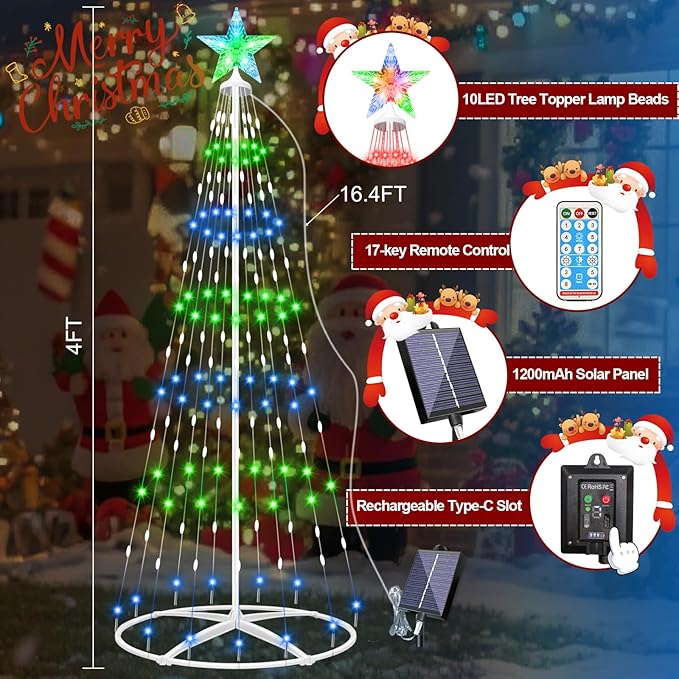 Forlivese 156LED Outdoor Solar Christmas Tree Lights, 4FT Lighted Artificial Cone Tree with Remote, 8 Modes, USB Charge, Timer & Waterproof Christmas Tree Decor for Garden Yard Patio, Multicolor