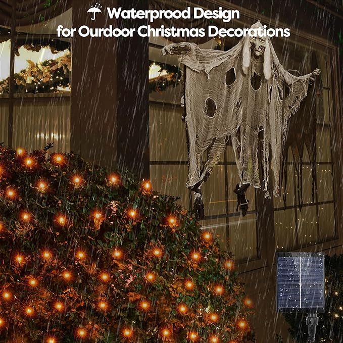 WBao Solar Halloween Lights Outdoor, 200LED 8.4ft x 5.2ft Halloween Net Lights with Remote, 8 Modes, Timer, IP65 Waterproof & Dark Green Wire for Lawn, Bushes, Trees Outdoor Decorations, Orange