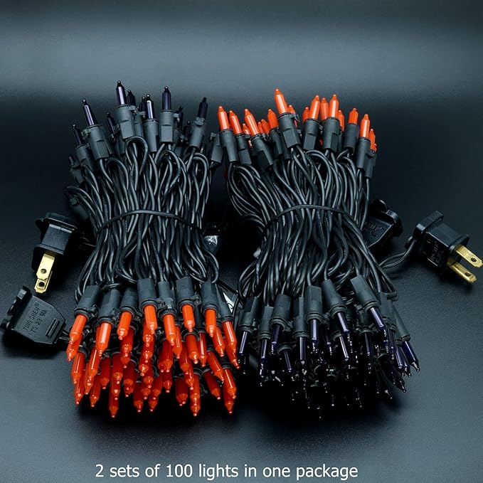 YULETIME 200 Orange & Purple Halloween Lights with Black Wire, Pack of 2 Sets 33 ft 100 Count UL Certified Christmas String Lights (Orange & Purple)