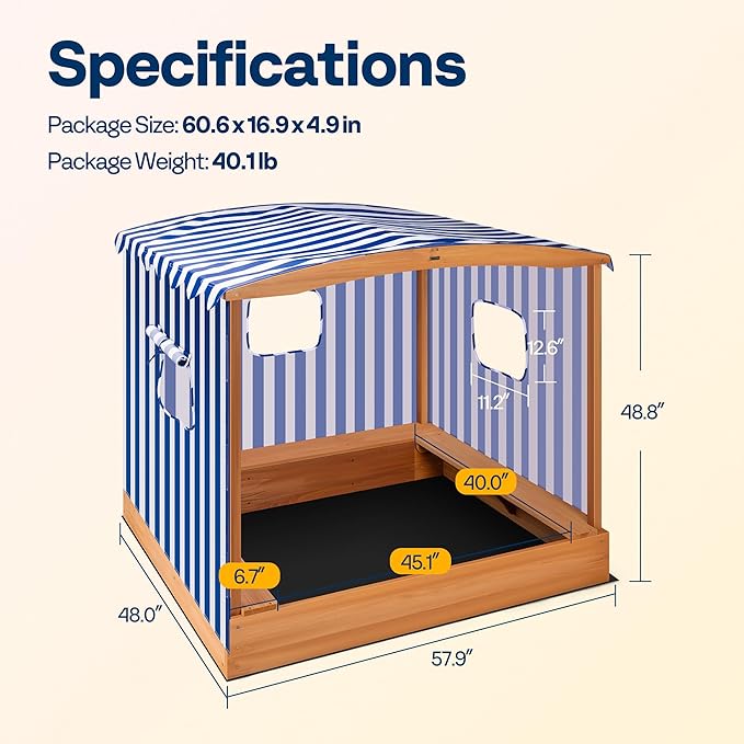 VIVOHOME 58x48in Wood Sandbox with Detachable UV-Blocking Canopy & Ventilation Windows, Spacious Outdoor Play Area with 3 Sturdy Benches, Bottomless Drainage Design for Kids 3+