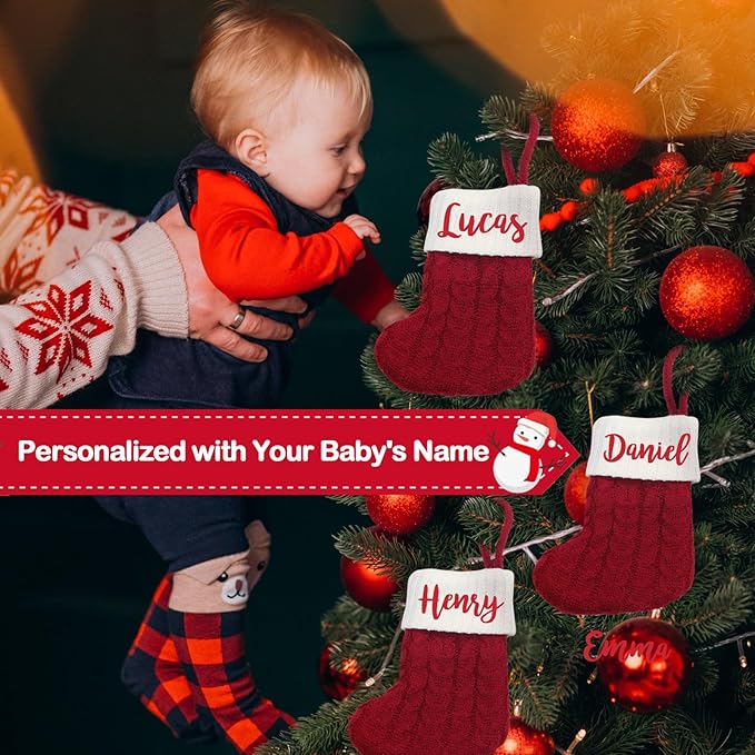 Mini Custom Christmas Stockings with Names - 6" W x 7" L Burgundy Red Personalized Christmas Stockings, Kids Family Small Knitted Xmas Stocking for Fireplace Decoration, 1 Pack