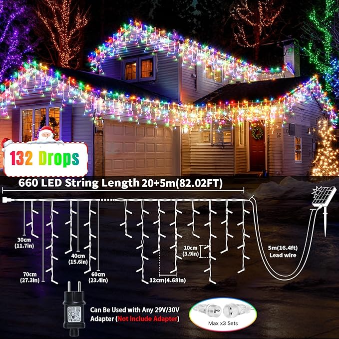 Solar Icicle Lights for Outside 66+16Ft 660LED Christmas Lights Outdoor Decorations Dual Color Changing Connectable Rechargeable Dimmable Remote Twinkle Fairy String Lights for Xmas Eaves House Roof