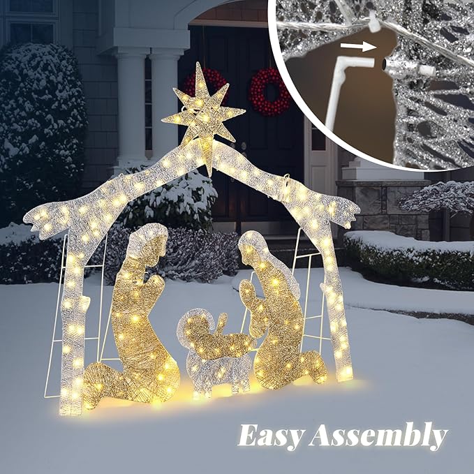 Yescom 6Ft Manger Nativity Scene Outdoor Garden Jesus Decoration Christmas Pre-lit 3D Artificial for Patio Yard Party Event Holiday Display with 190 LED Lights Silver Warm White