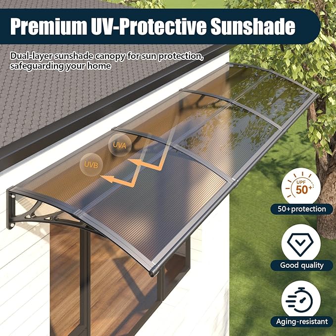 Awning for Outside, 32x120 UV-Resistant Rain and Snow-Proof House Overhang Canopy, Polycarbonate Door Awnings Exterior for Outdoor Patio, Porch, Deck, Window