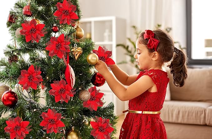 RECUTMS 10 PCS Red Glitter Poinsettia Flowers Christmas Tree Ornaments Fake Christmas Flowers Artificial Christmas Flowers Decorations Wedding Xmas Tree New Year Ornaments Wreath Decoration(Red)