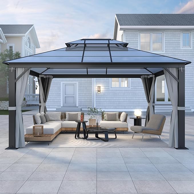 12'x14' Hardtop Gazebo, Outdoor Polycarbonate Double Roof Gazebos with Netting and Curtains, Heavy Duty Metal Pavilion for Patio, Backyard, Deck and Lawn