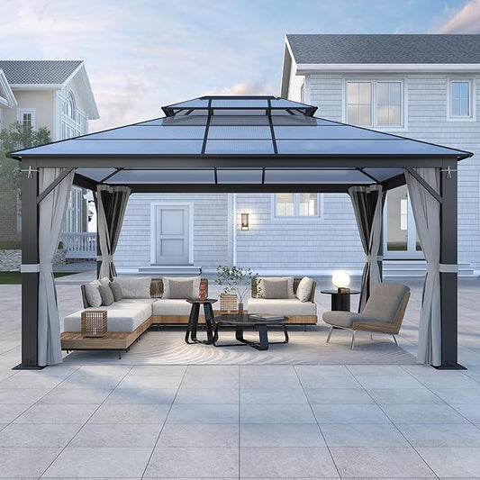 12'x14' Hardtop Gazebo, Outdoor Polycarbonate Double Roof Gazebos with Netting and Curtains, Heavy Duty Metal Pavilion for Patio, Backyard, Deck and Lawn