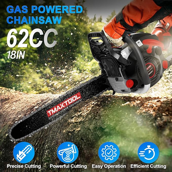 62cc Gas Chainsaw, 3.5-HP, 18 Inch Chain Saw, Gas Powered Chainsaws, 2-Stroke Gasoline Power Chain Saws with Automatic Oiler for Wood Cutting, Easy-Start, Black