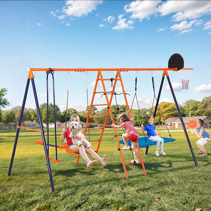 Outdoor Metal Swing Set for Kids, Heavy-Duty Metal Playground Set with Swings, Climbing Ladder, Trapeze Bar & Basketball Hoop, 660lbs Max Weight
