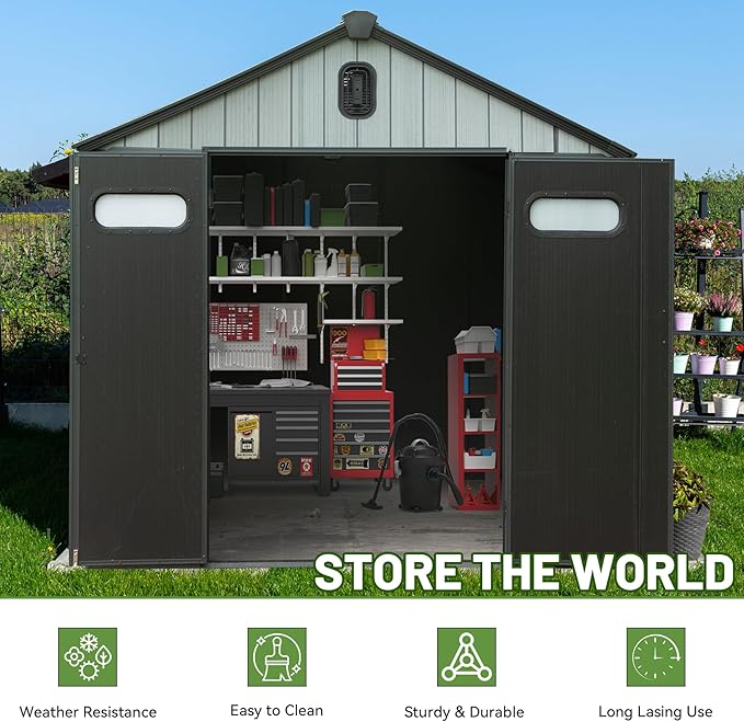 8X12FT Outdoor Resin Storage Shed Waterproof, Waterproof Plastic Garden Shed with Lockable Door, Windows & Vents, Outside Tool Storage Shed for Patio Furniture, Lawn Mower
