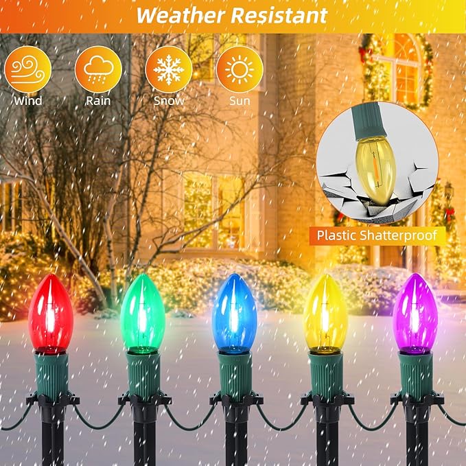 30Ft C9 Led Christmas Pathway Lights Outdoor, 20 Multicolor Bulbs Waterproof Connectable Christmas Walkway Lights with Stakes for Yard Lawn Sidewalk Driveway Decorations