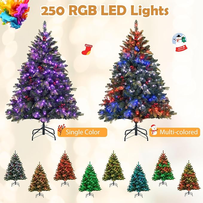 GOFLAME 5FT Pre-lit Artificial Christmas Tree, Hinged Xmas Tree with Remote and App Control, 250 Color & Mode Changing RGB Lights, Timer, 584 Branch Tips, Pine Cones and Red Berries