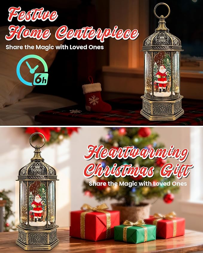 Christmas Satan ＆ Deer Snow Globe Light up Lantern with 8 Songs, 12.99" Christmas Snow Globes for Kids Adults, 6H Timer & Dual Power, Snowglobes Christmas Decorations Indoor, Gifts for Women Men