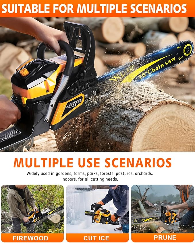63CC Gas Powered Chainsaw 20 Inch, 2-Cycle Engine with 2 Chains & Bars, Heavy Duty Gas Chain Saw for Tree Felling, Logging, and Firewood Cutting (WTH994)