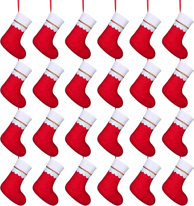 ANVAVO 24 Pack Christmas Stockings 9 Inch Red Felt Xmas Stockings Christmas Tree Hanging Ornaments for Xmas Wall Fireplace Door Window Decorations