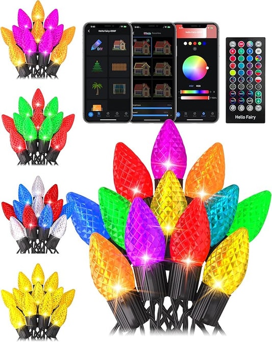 Smart C9 Christmas Lights Outdoor DIY Color Changing - 99FT 150LED APP & Remote Controlled, 16 Million Custom Colors, Music Sync Group Control for Multiple Trees, Roof Yard Party Holiday Lighting