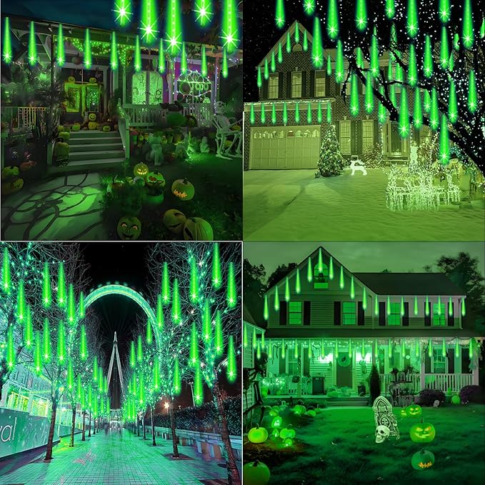 Halloween Lights Outdoor, Meteor Shower Christmas Lights for Halloween Decorations, 8 Tube 192 LED Snow Falling Rain Icicle String Light for Xmas Christmas Decor Tree Party, UL Plug Green