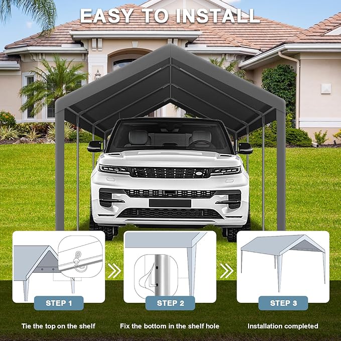 10x20 Carport Canopy Replacement Cover, 220g Heavy Duty Car Canopy Garage Tent Top Cover with Fabric Leg Pole Skirts and Ball Bungees (Frame is not Included) (Grey)