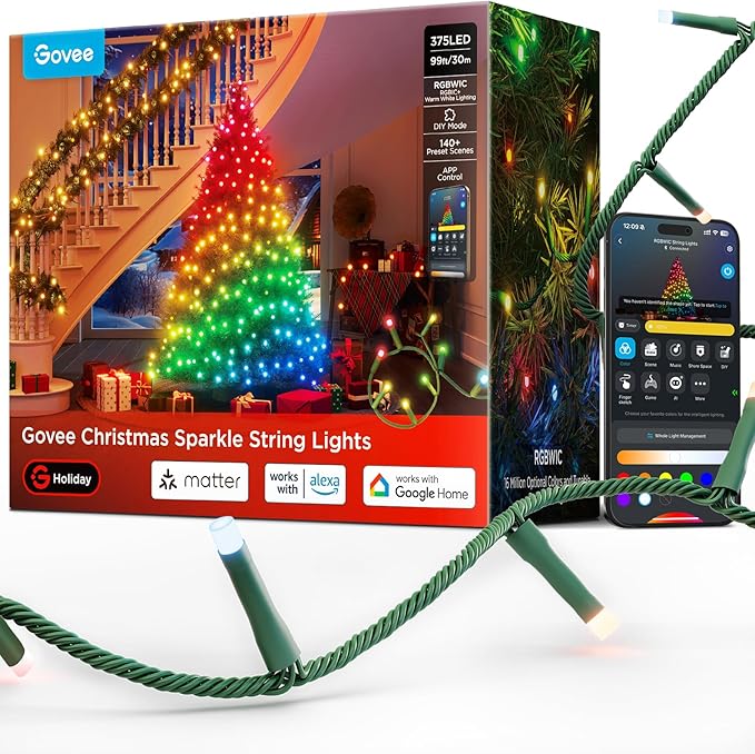 Govee Christmas Sparkle String Lights 99ft, RGBWIC String Lights with 375 Bullet-Head LEDs, App-Controlled, 140+ Scene Modes, Shape Mapping, Music Sync, Works with Alexa, Indoor Holiday Decorations