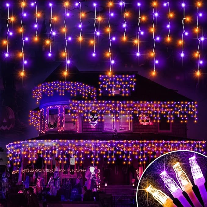 Halloween Lights, 49FT 450 LED Ice Lights with 8 Modes, Waterproof Timer Memory Hanging Light for Eaves Party Yard Garden Halloween Decor (Purple and Orange)