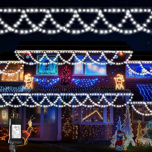XTF2015 Christmas String Lights Outdoor Decor Color Changing 40FT 380 LED Extendable 8 Modes, Half Round Christmas Lights for Wedding Party Garden Bedroom Eaves (Cool White)