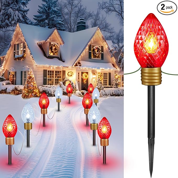 Minetom Jumbo C9 Christmas Pathway Lights Outdoor - 2 Pack 10.5 Feet 5 Lights, C7 Covered Multicolor Bulb Decorations for Lawn Outside, Red & Cool White