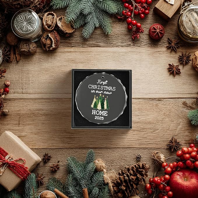 Horaldaily 3.15" Christmas Trees Glass Ornament 2025- First Christmas in Our New Home Round Decor - Xmas Tree, Holiday Presents, Gift Exchange Ideas Hanging Decor for Couple Family Housewarming