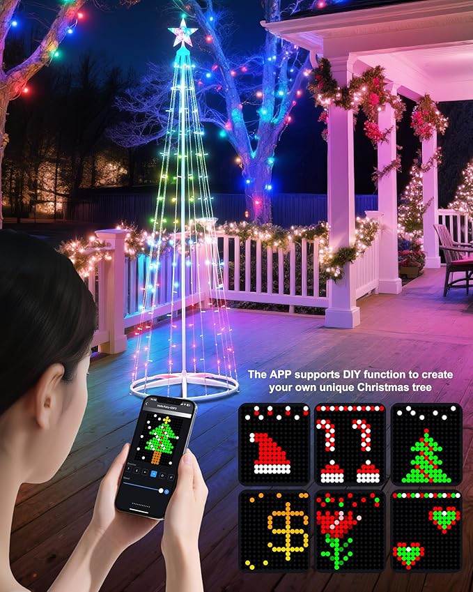 7.5Ft Smart LED Christmas Cone Tree Light, 178 LEDs Lighted Artificial Tree with Star Topper, Music Sync with Remote APP Control, DIY RGB Light Show Tree for Xmas Indoor Outdoor Decorations (RGB)