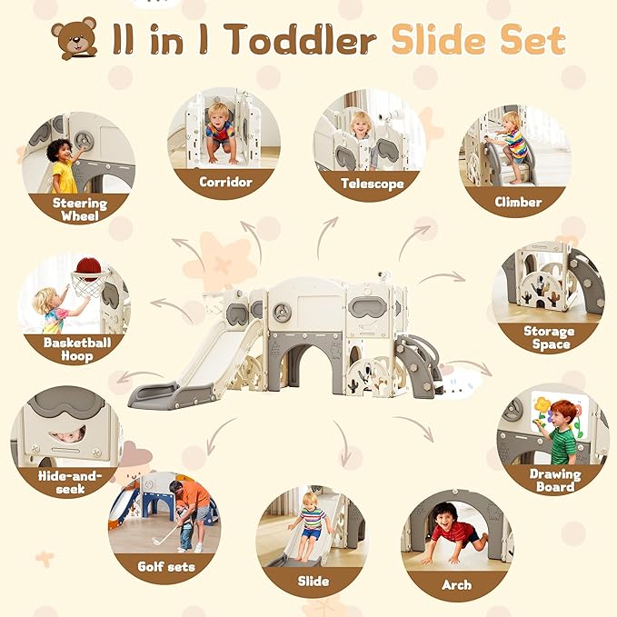 11-in-1 Toddler Slide Playset,Indoor Playground for Kids 1-3 and Toddler Outdoor playset with Golf Set Drawing Set Basketball Hoop, Playground Easy Assembly Bear Theme