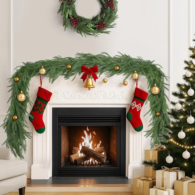 6 FT Christmas Norfolk Pine Garlands, Winter Decor Real Touch Pine Garland, Artificial Greenery Xmas Garland for Holiday, Table, Wall, Fireplace, Mantel, Indoor & Outdoor Decoration (1 Pack, 6 FT)
