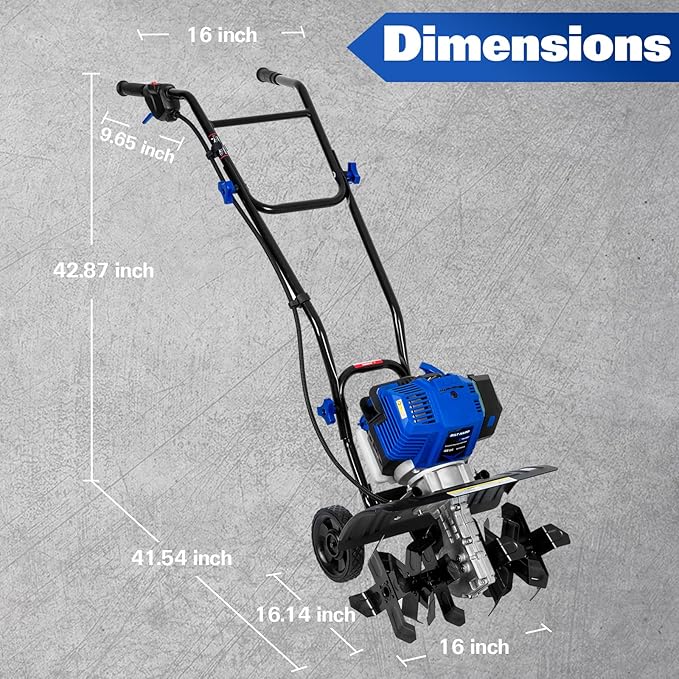 BILT HARD 46cc 4-Cycle 1.9HP Gas Powered Tiller Cultivator - 16 Heavy-Duty Steel Tines Rototiller, Adjustable Wheels & Cushioned Handle Grips for Plowing, Tilling, Weeding in Garden, Farm