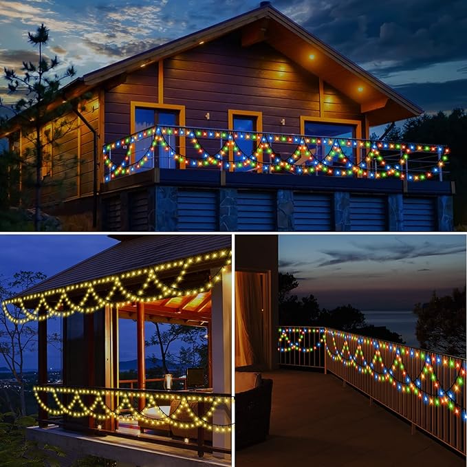 XTF2015 Outdoor Christmas lights Decor 40FT 380 LED Timer Remote Color Changing Christmas Light Extendable 11 Modes, Half Round String Lights for House Roof Eaves Garden Patio(Warm White + Multicolor)