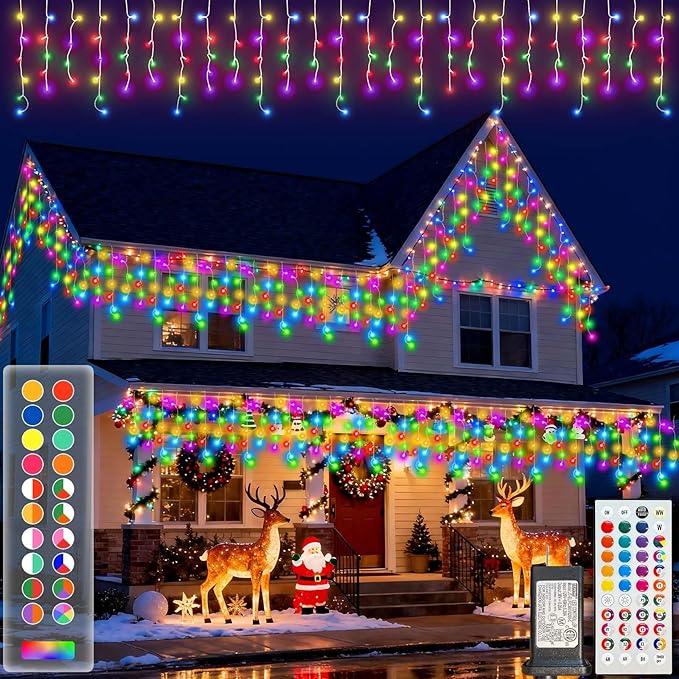 LitHome Color Changing Icicle Lights for Outdoor, 35 Colors Christmas Icicle Lights Outside with Remote Plug In, 165 LED 26FT Icicle Christmas Light Indoor Connectable for Xmas Holiday Roof Home Decor