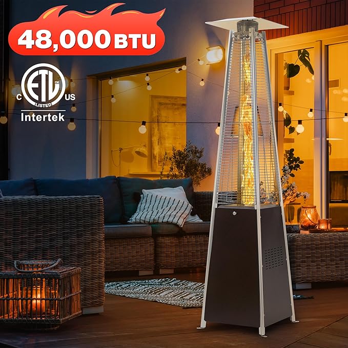 FOOWIN Patio Heater,48,000 BTU Outdoor Heater with Wheels,Propane Patio Heater w/Waterproof Cover & Gloves,Quartz Glass Tube Pyramid Outdoor Heater for Party,Backyard,Garden,Bronze