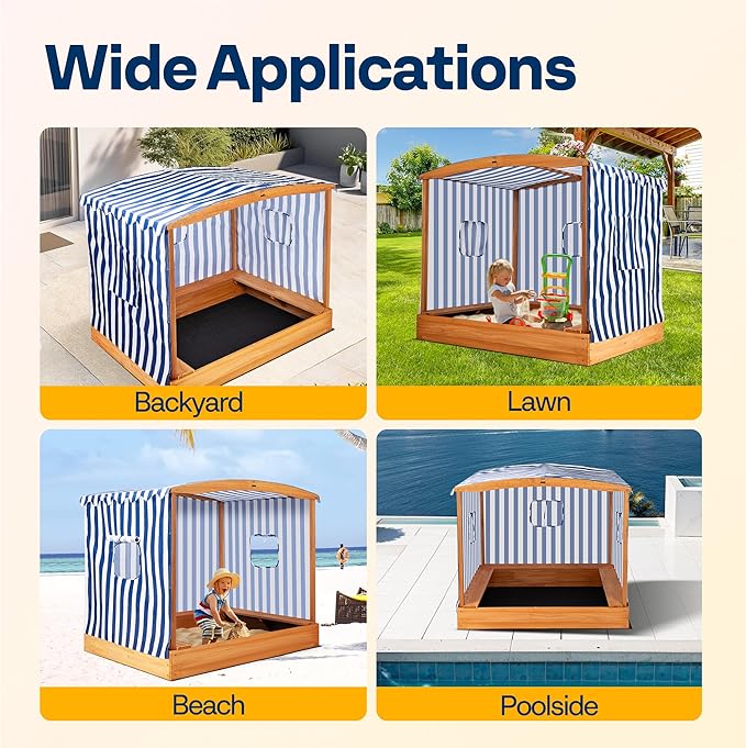 VIVOHOME 58x48in Wood Sandbox with Detachable UV-Blocking Canopy & Ventilation Windows, Spacious Outdoor Play Area with 3 Sturdy Benches, Bottomless Drainage Design for Kids 3+