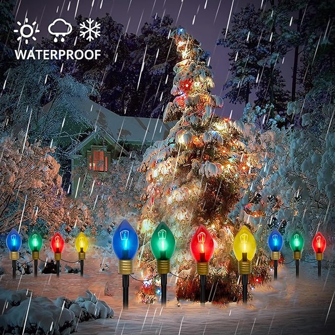 Jumbo Pathway Lights, 7FT Christmas Walkway Lights with Pathway Marker Stakes and 4 LED Clear Multicolor Bulb,Christmas Light Outdoor Decorations for Lawn Yard,4 Lights