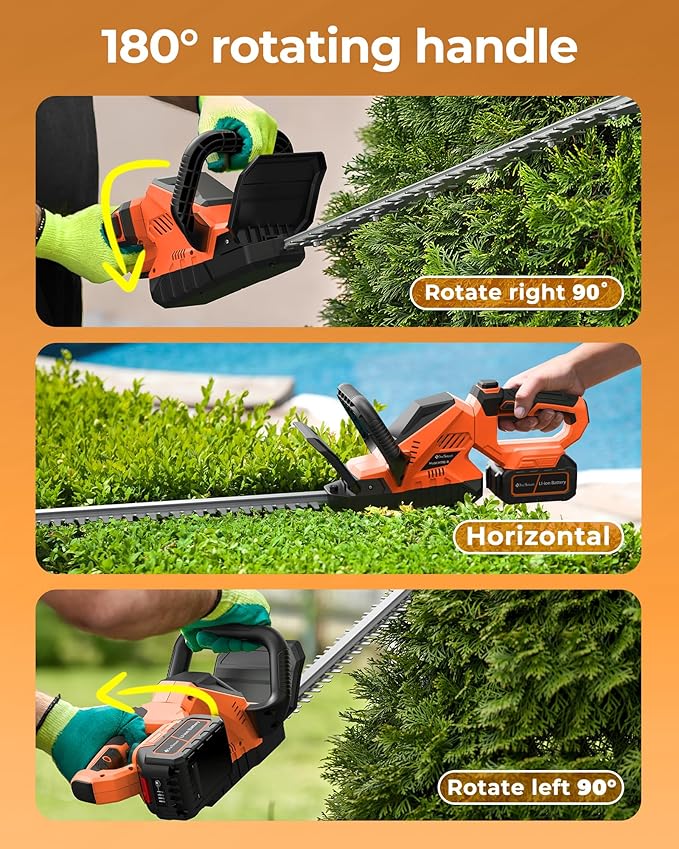 20'' Hedge Trimmer Cordless with 2pcs 4000mAh Battery, Electric Handheld Bush Clipper with Rechargeable Batteries, 3000RPM 180¡Æ Rotatable Head, 2/3'' Blade Gap Orange