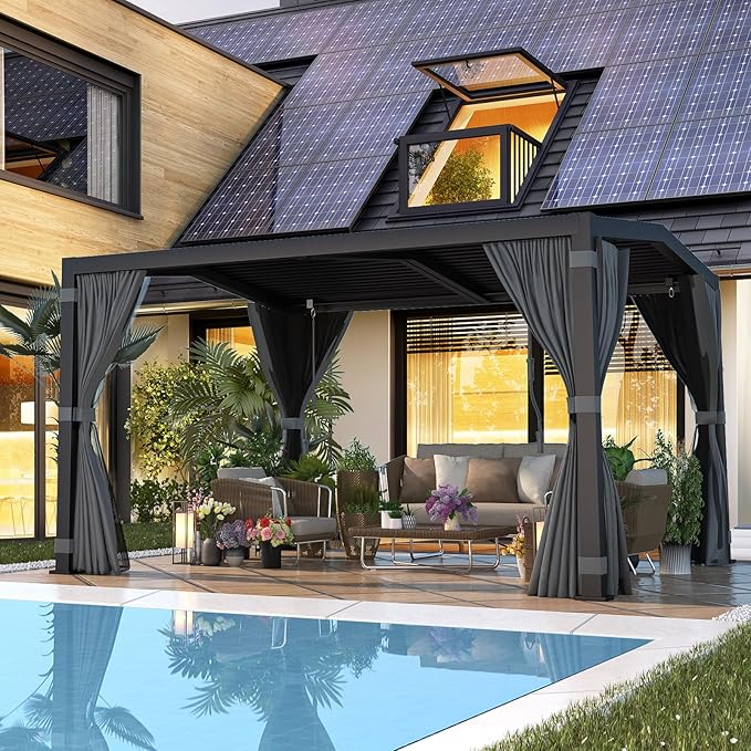EROMMY Louvered Pergola 11' x 13' Outdoor Hard Top Mansard Roof Gazebo with Aluminum Frame and Adjustable Metal Rainproof Roof for Garden & Patio, Curtains and Netting Included, Gray-Black