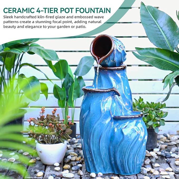 Autodaya 29" Ceramic Outdoor Fountain with Lights, 4-Tier Pots Waterfalls Patio Water Fountain, Tranquil Oasis for Relaxing Garden, Yard, or Porch Decor, Turquoise, Dynamic Wave-Texture