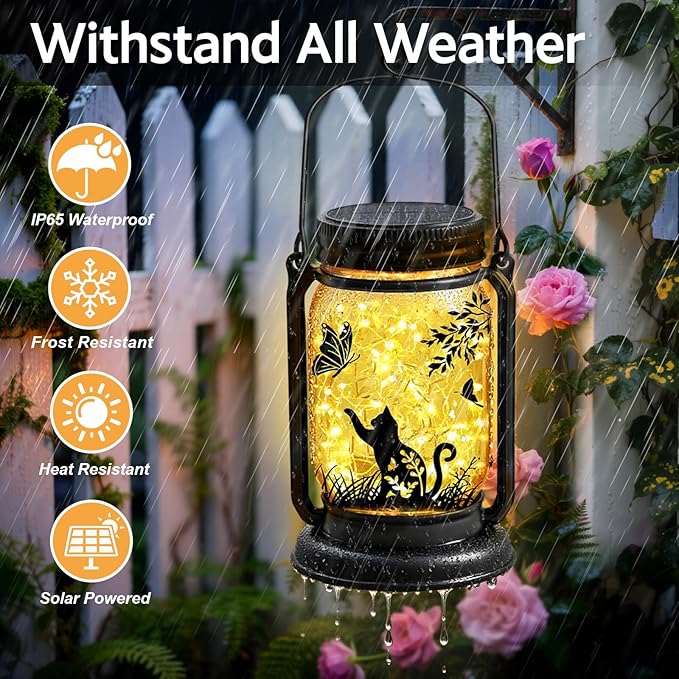 2 Pack Cat Solar Lanterns, Outdoor Hanging Solar Lantern with Stake, Christmas Birthday Gifts for Mom, Grandma,Women,Black Cat Butterfly Vintage Glass Mason Jar Waterproof Lights for Yard Garden Decor