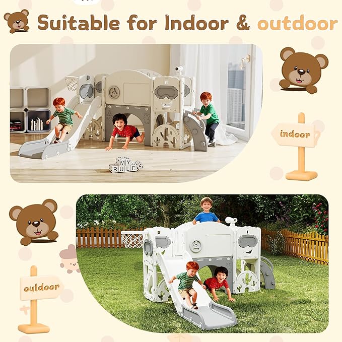 11-in-1 Toddler Slide Playset,Indoor Playground for Kids 1-3 and Toddler Outdoor playset with Golf Set Drawing Set Basketball Hoop, Playground Easy Assembly Bear Theme