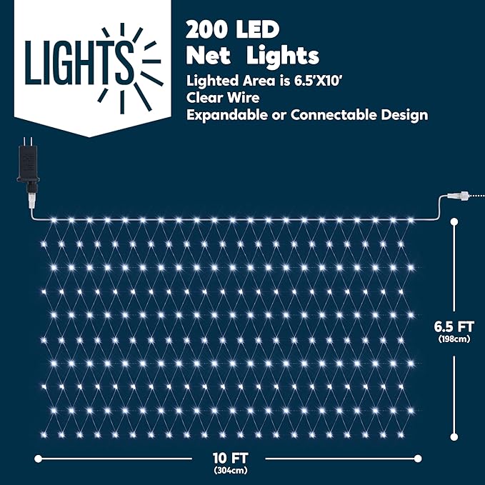 JOYIN 200 LED Christmas Net Lights, 6.5X 10FT Christmas Mesh Lights with 8 Modes, Connectable, Waterproof for Bushes Trees Yard Indoor Outdoor Xmas Decorations (Cool White)