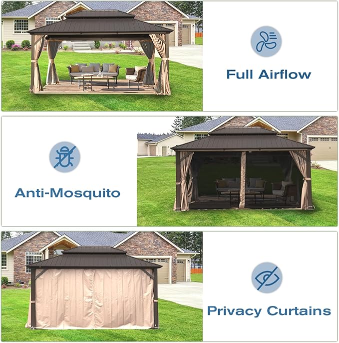 Domi 12' x 16' Hardtop Gazebo Permanent Metal Gazebo with Galvanized Steel Double Roof, Curtains and Netting for Party, Wedding, Outdoor Dining, Patio, Backyard, Brown
