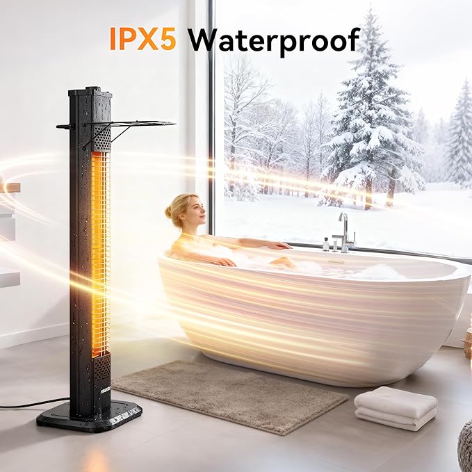 VAGKRI Outdoor Electric Patio Heater, 1500W 36" Infrared Heater with 2 Heat Tube, 3 Levels, Tip-Over&Overheat Protection, IPX5 Waterproof Tower Electric Patio Heater for Outdoor Indoor, Backyard, Room
