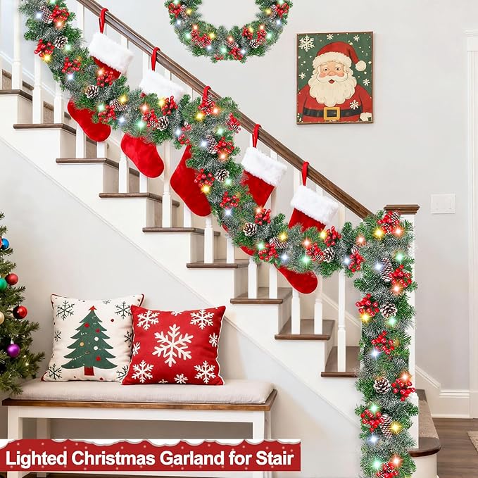 Timer 8 Modes - 9Ft by 10 Inch Prelit Christmas Garland with 50 Colorful Lights, Thick 270 Snowy Tips 70 Red Berry 10 Pinecone Battery Operated Real Touch Cedar Garland Xmas Door Mantle Indoor Outdoor