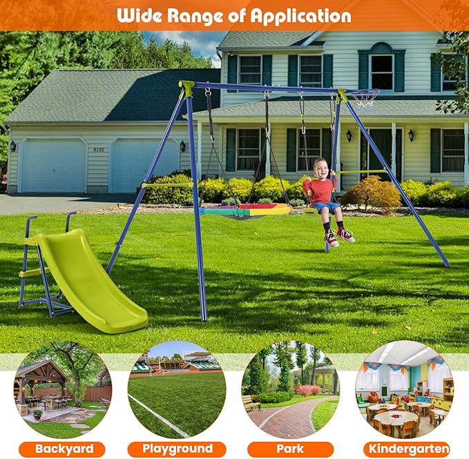 Costzon Swing Sets for Backyard, 4-in-1 Heavy Duty Large Metal Swing Frame w/2 Adjustable Swings, Slide, Basketball Hoop, Play Equipment for Indoor Outdoor, Gift for Kids