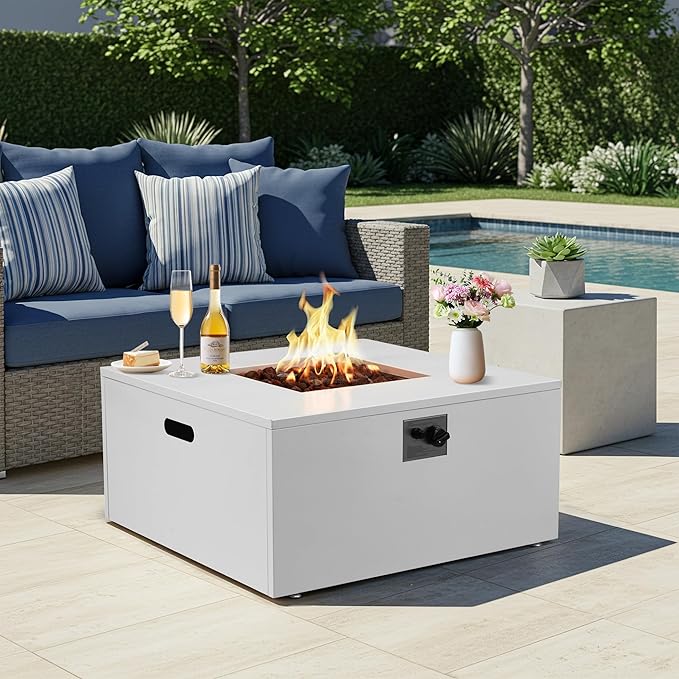 ECOTOUGE 32 Square Propane Fire Pit Table, 50,000 BTU Outdoor Gas Fire Pit with Lid, Steel Fireplace w/Weather-Resistant Pit Cover, Lava Rocks for Patio, CSA Certified, White
