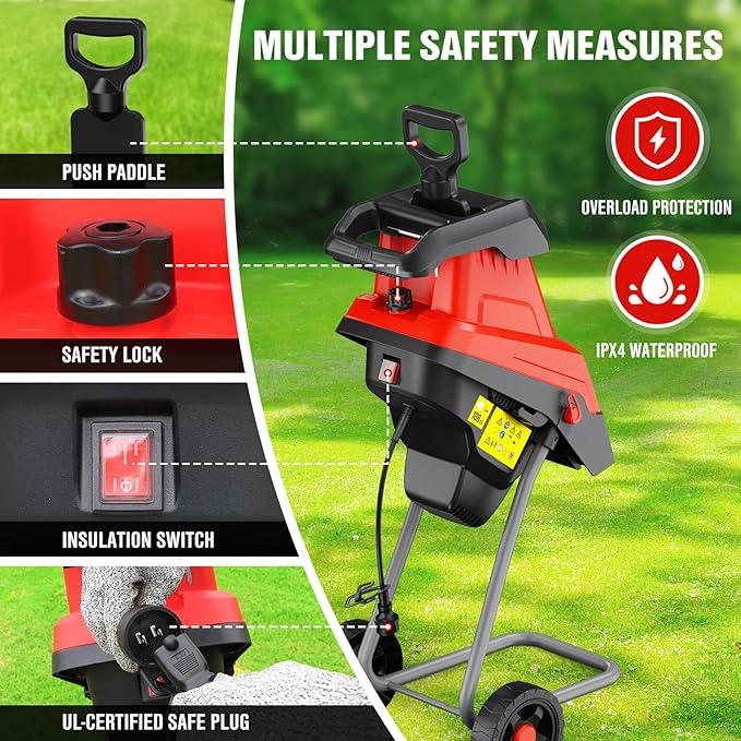 EWORK 15-Amp Electric Wood Chipper Shredder, Brushless Motor Garden Mulcher for Composting & Yard Waste, 1.77 Cutting Capacity Branch Crusher with 15:1 Reduction Ratio, 4500 RPM Silent Design