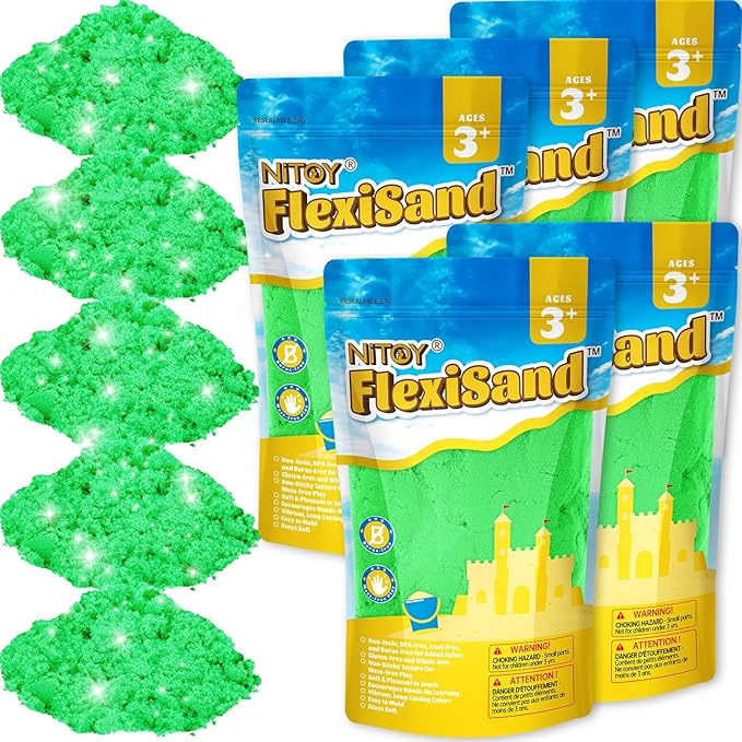 NiToy FlexiSand Value Pack Colored Moldable Self-Sticking Sand, Never Dries Out Fun for 3 Years and Up Kids, Bulk Refill for Sensory Sand Box Toys, Ideal for Shaping and Molding (11lbs, Green)